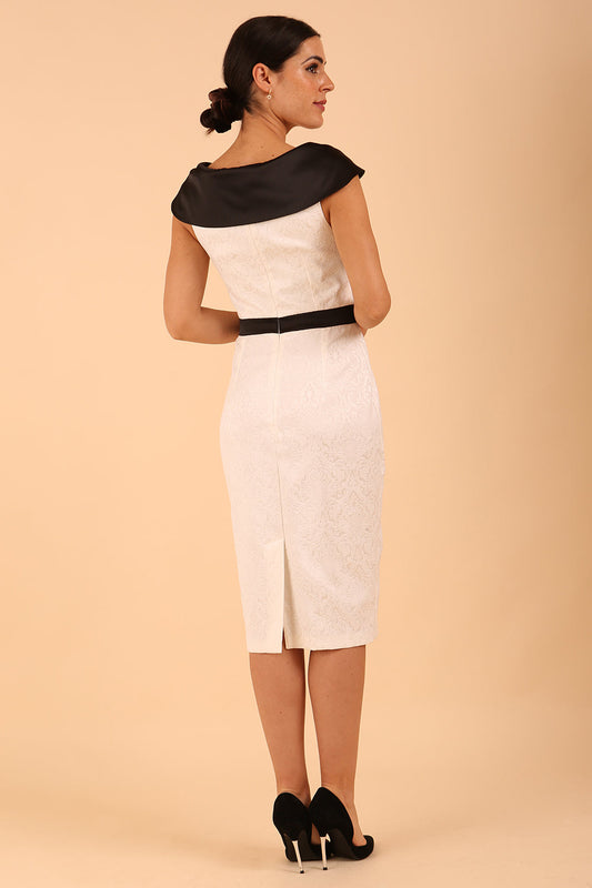 model wearing a diva catwalk Leven Off-Shoulder Satin Contrast Dress