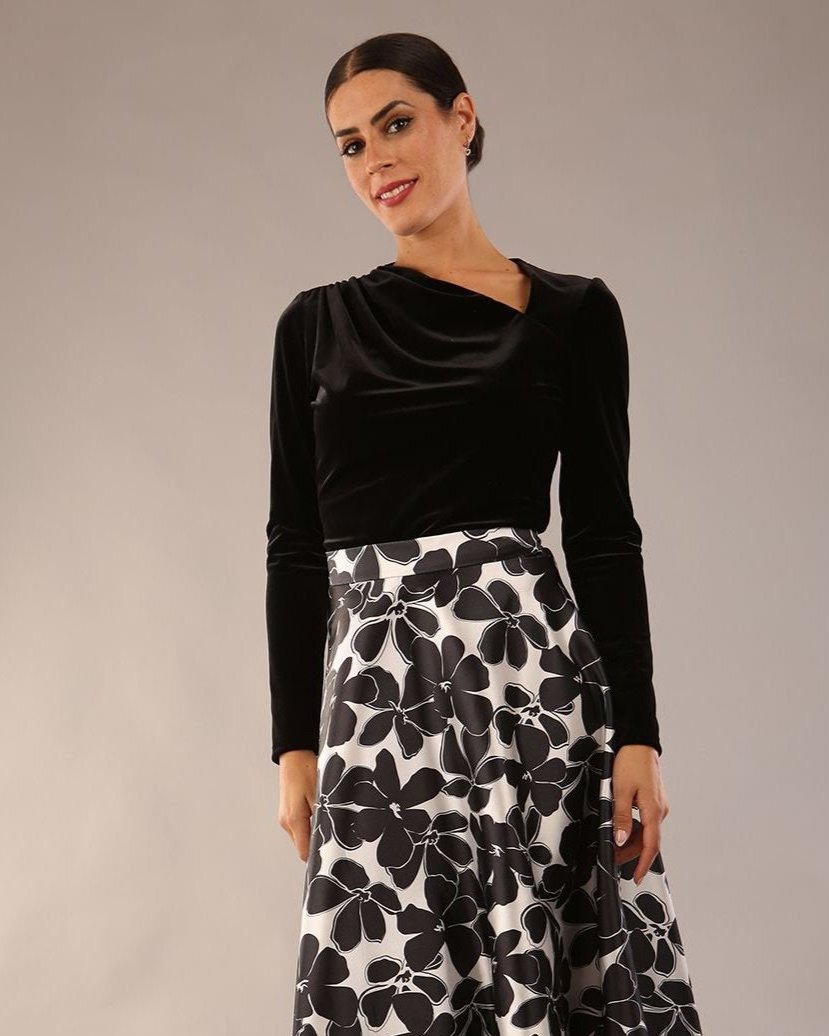 model is wearing a diva catwalk Radley Sleeved Velvet Asymmetric neckline Top long sleeves in black velvet colour