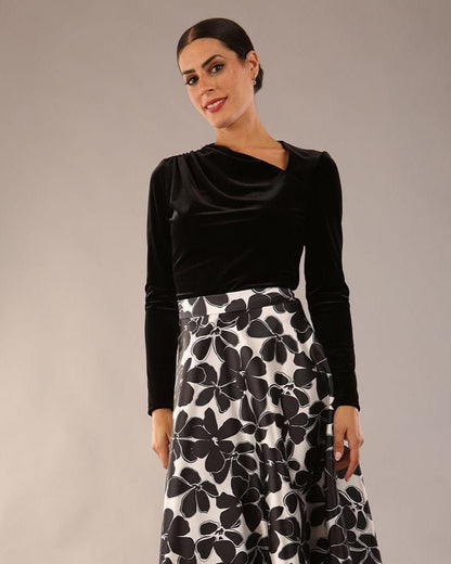model is wearing a diva catwalk Radley Sleeved Velvet Asymmetric neckline Top long sleeves in black velvet colour