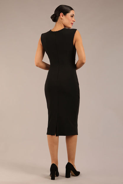 model is wearing a diva catwalk sleeveless dress with round neckline with pleating details and knee length in black colour front