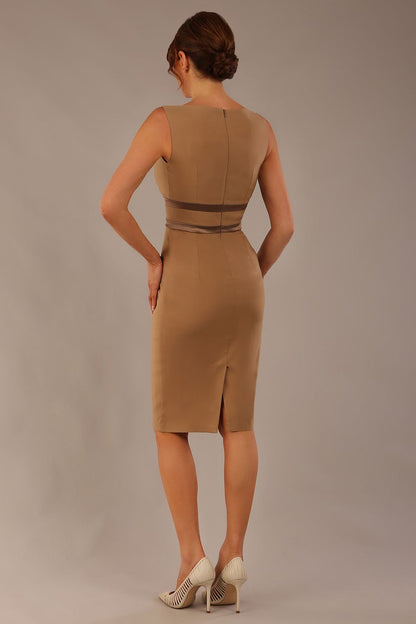 brunette model is wearing a divacatwalk Bijou Sleeveless Bodycon Pencil Dress with Satin Detail roun neckkline knee length in super stretch fabric in tannin brown colour front image (Tannin Brown - Pebble Satin)
