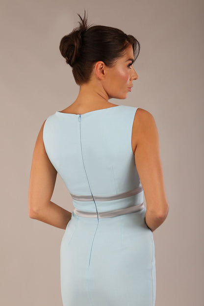 brunette model is wearing a divacatwalk Bijou Sleeveless Bodycon Pencil Dress with Satin Detail roun neckkline knee length in super stretch fabric in sky blue colour front image (Sky Blue - Ocean Satin Contrast)