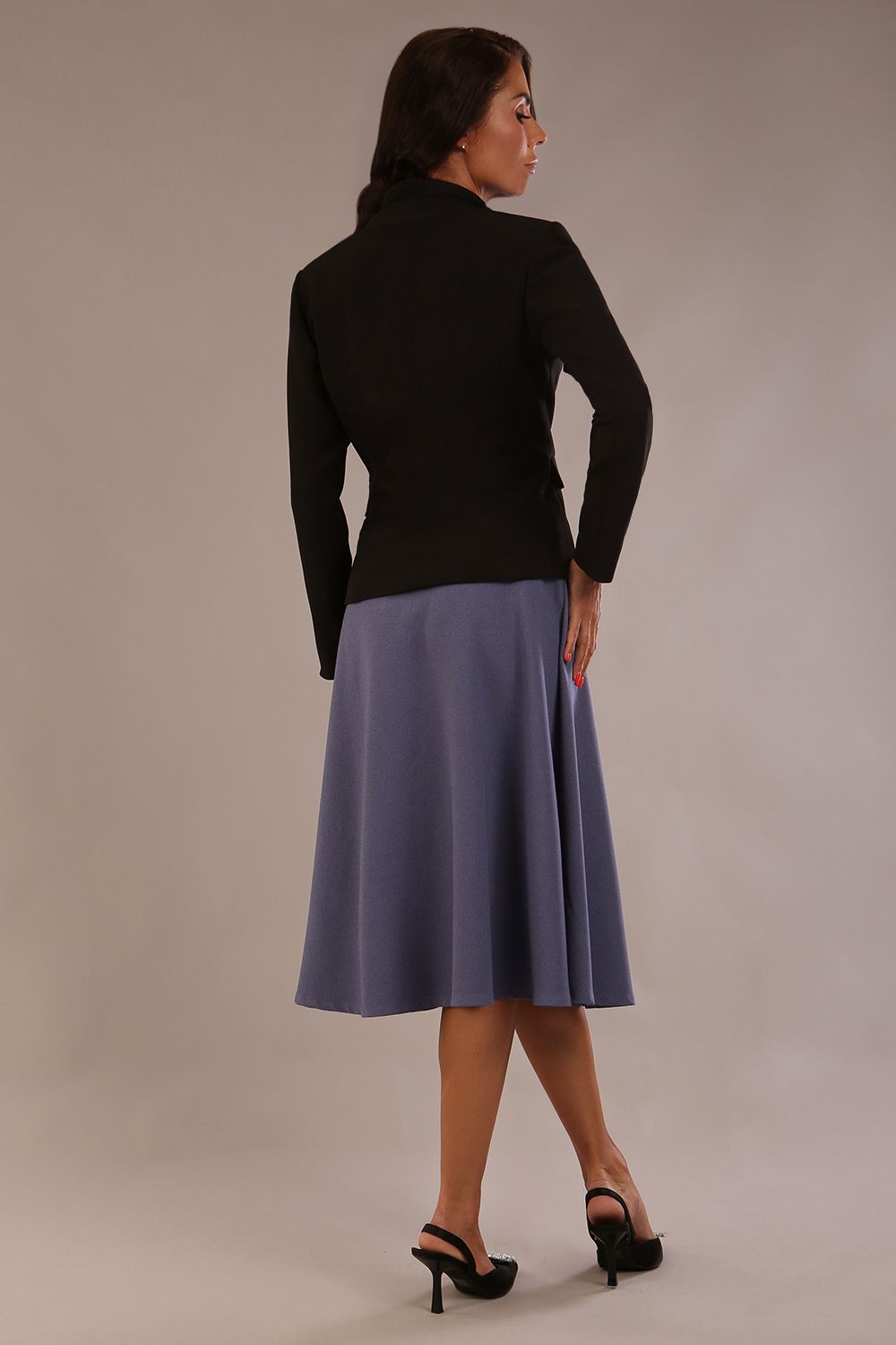 Close-up front view of the Melberry statement jacket in black, showing the flap pocket and fabric-covered buttons (Black)