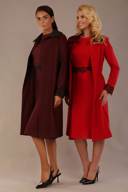 Model wearing the Haven lace trim midi coat in salsa red, styled with the matching Lovell dress (Salsa Red)  Model wearing the Haven lace trim midi coat in port royale for a sophisticated co-ord look (Port Royale)