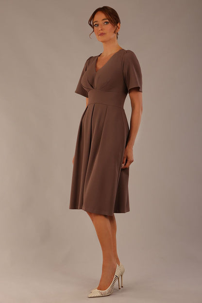 Woman wearing a brown dress against a plain background Close-up of the pleated bust detail and flared sleeves on the Dale dress in (Peppercorn Brown)