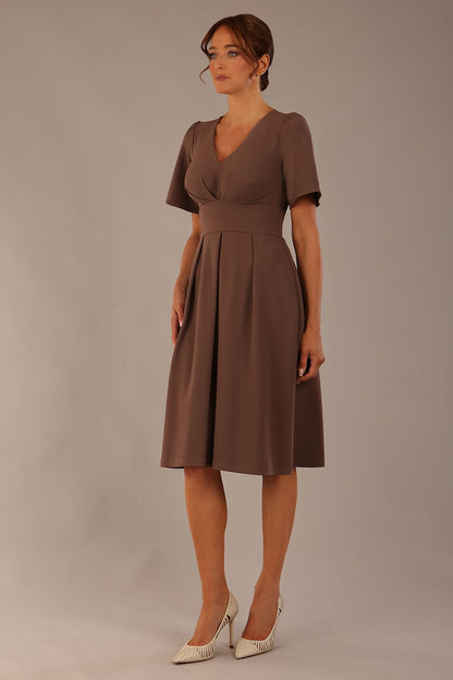Woman wearing a brown dress against a plain background Close-up of the pleated bust detail and flared sleeves on the Dale dress in (Peppercorn Brown)