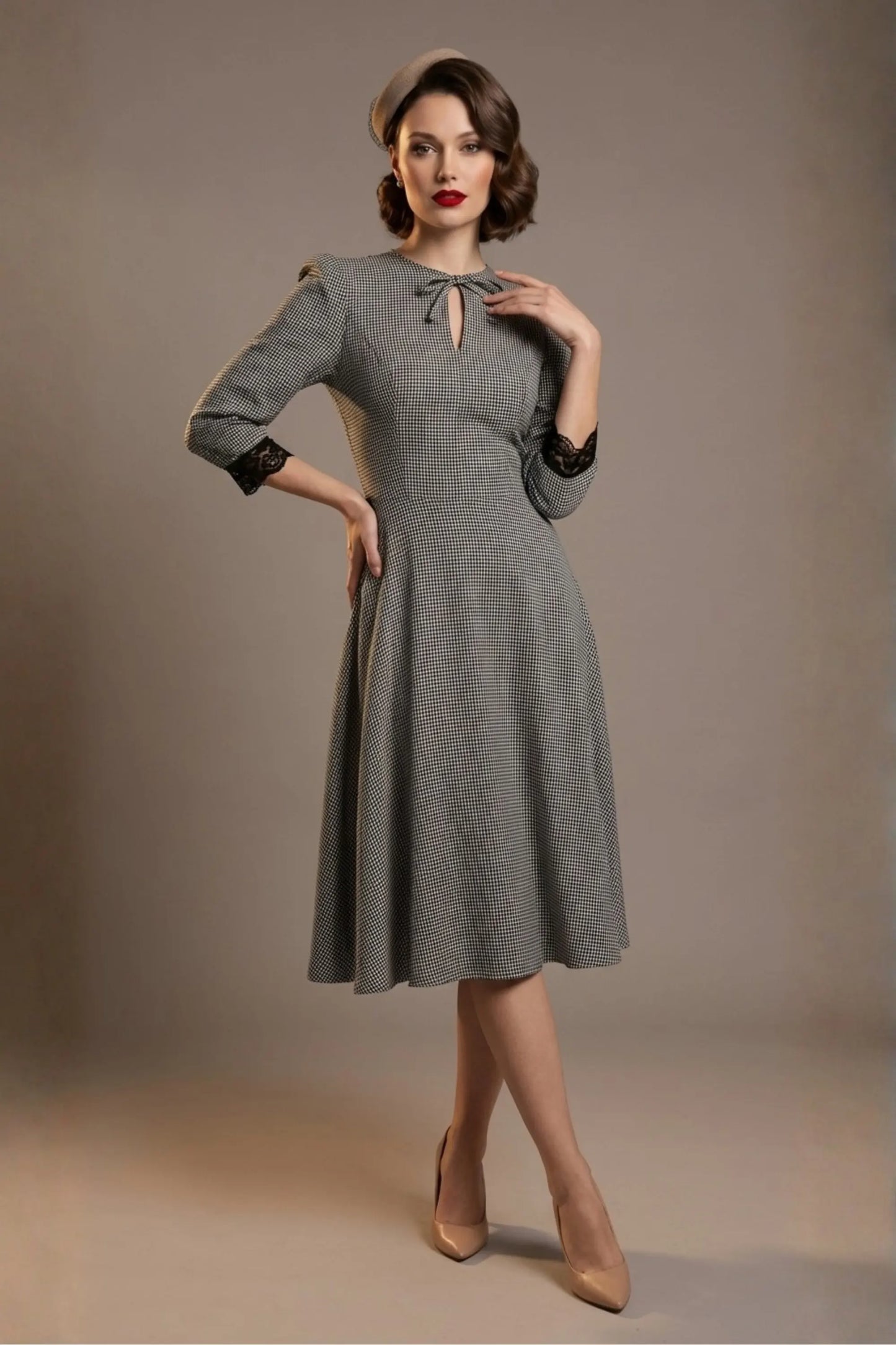 Alanna Dogtooth Tie-Detail A-Line Dress
