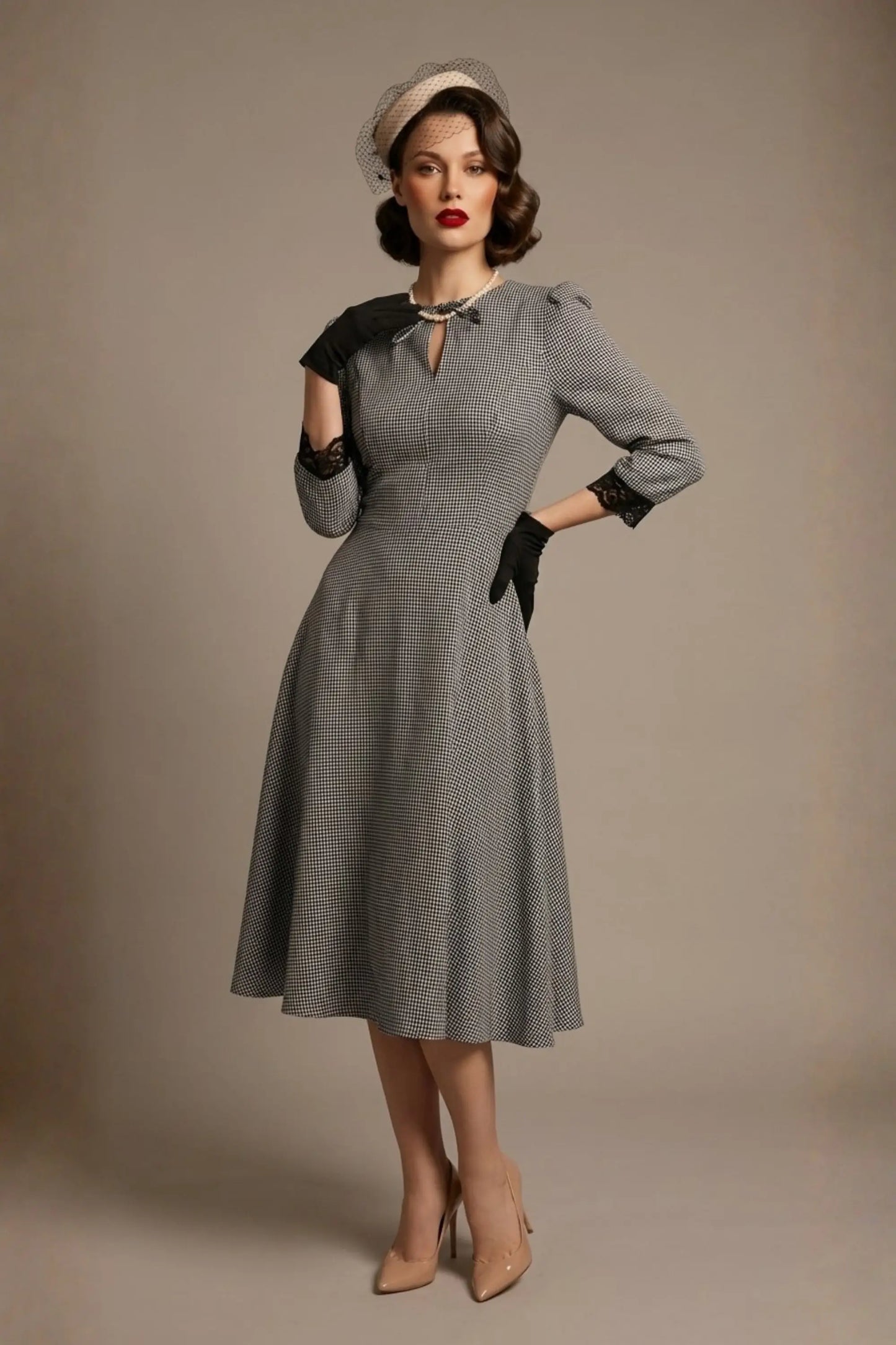 Alanna Dogtooth Tie-Detail A-Line Dress