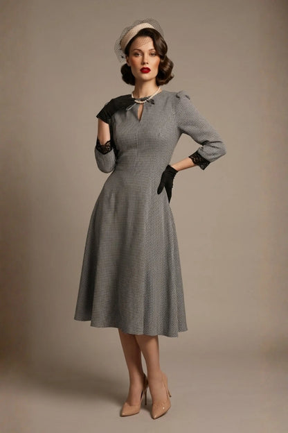 Alanna Dogtooth Tie-Detail A-Line Dress