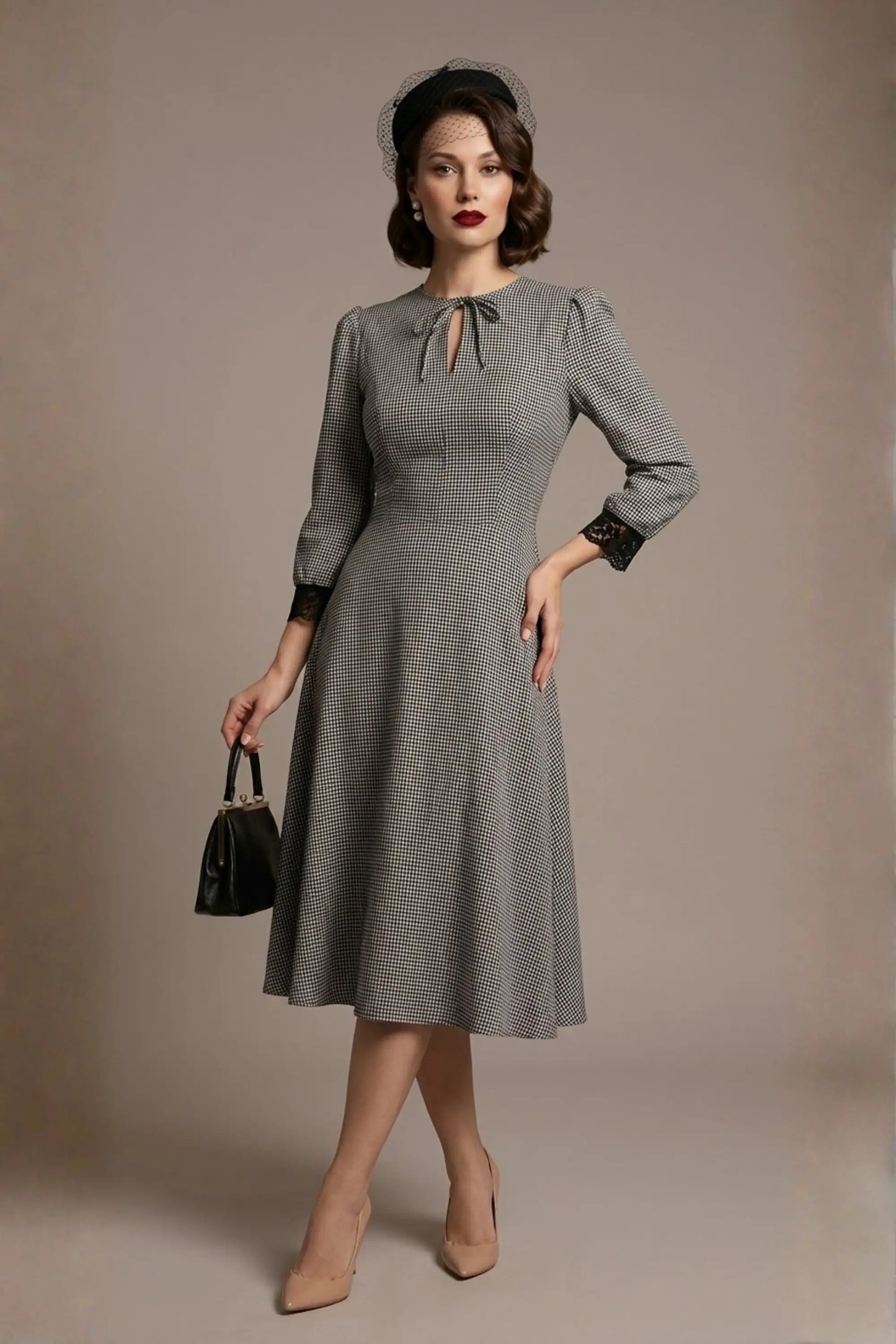 Alanna Dogtooth Tie-Detail A-Line Dress