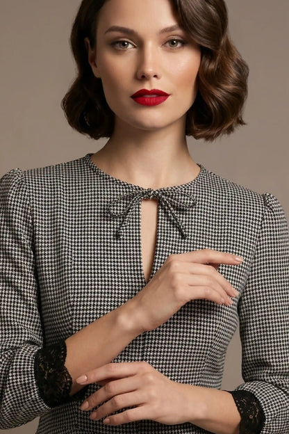 Alanna Dogtooth Tie-Detail A-Line Dress