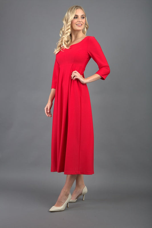 Model is wearing 3/4 sleeve sweetheart neckline swing electric red dress (Electric Red)