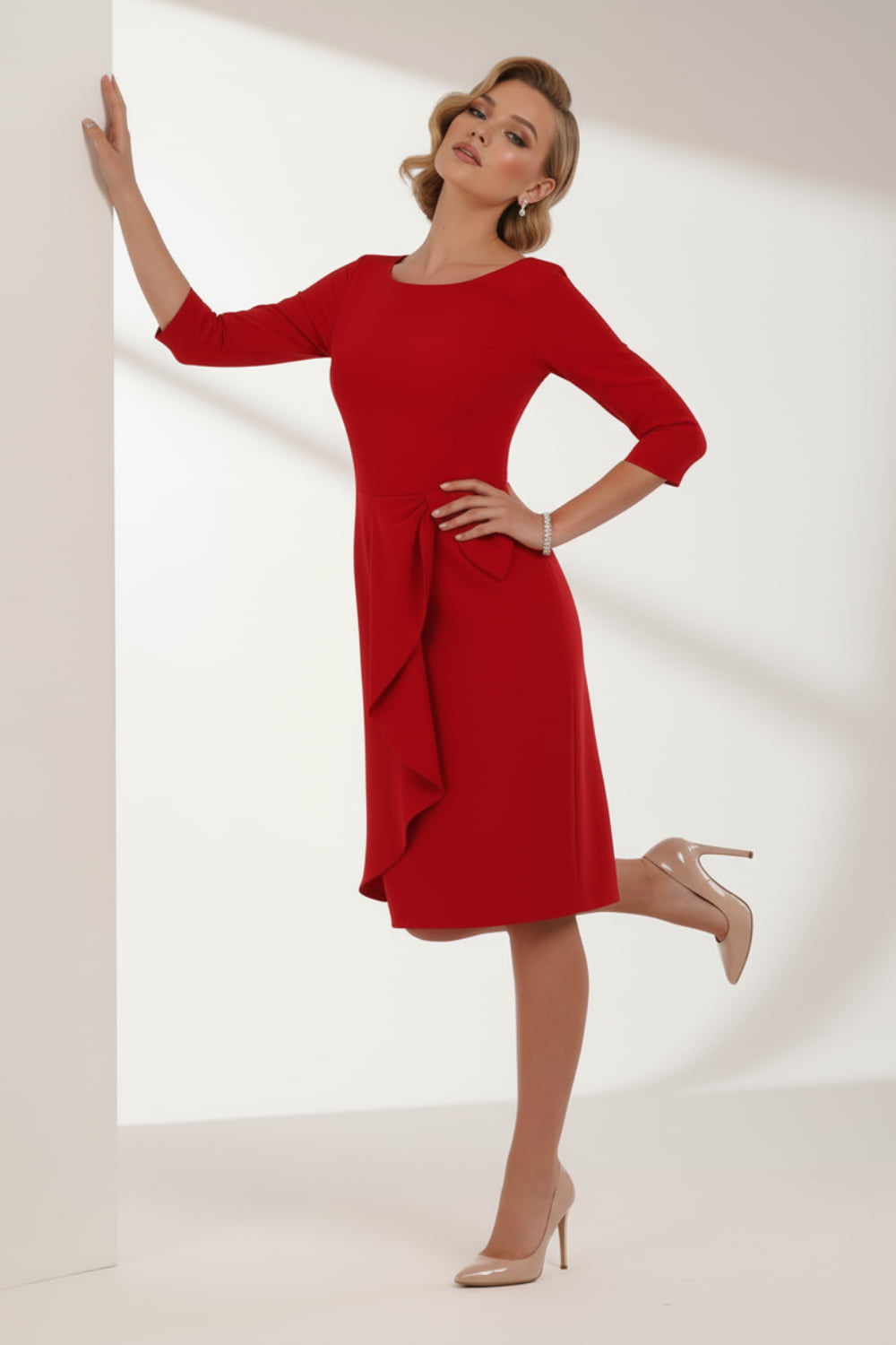 model is wearing diva catwalk jacky dress with rounded neckline 3/4 sleeve and bow detail on the waist in scarlet red front view (Scarlet Red)