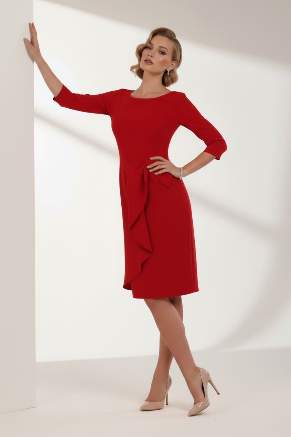model is wearing diva catwalk jacky dress with rounded neckline 3/4 sleeve and bow detail on the waist in scarlet red front view (Scarlet Red)