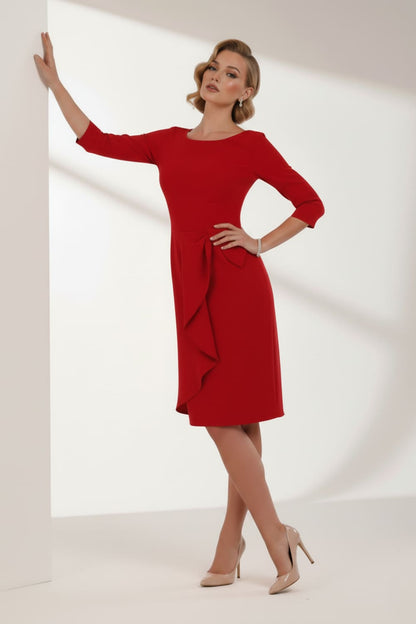 model is wearing diva catwalk jacky dress with rounded neckline 3/4 sleeve and bow detail on the waist in scarlet red front view (Scarlet Red)