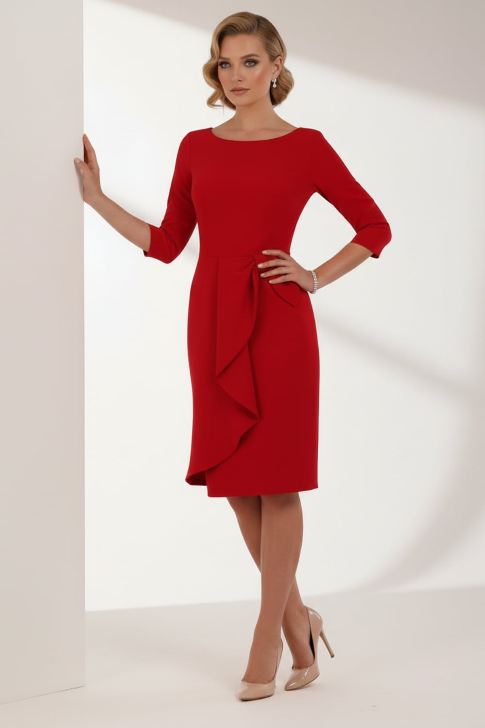 model is wearing diva catwalk jacky dress with rounded neckline 3/4 sleeve and bow detail on the waist in scarlet red front view (Scarlet Red)