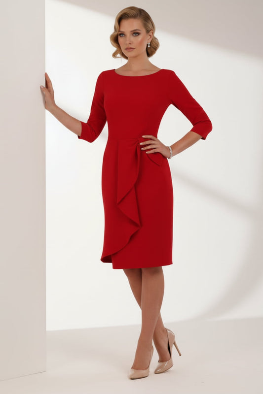 model is wearing diva catwalk jacky dress with rounded neckline 3/4 sleeve and bow detail on the waist in scarlet red front view (Scarlet Red)