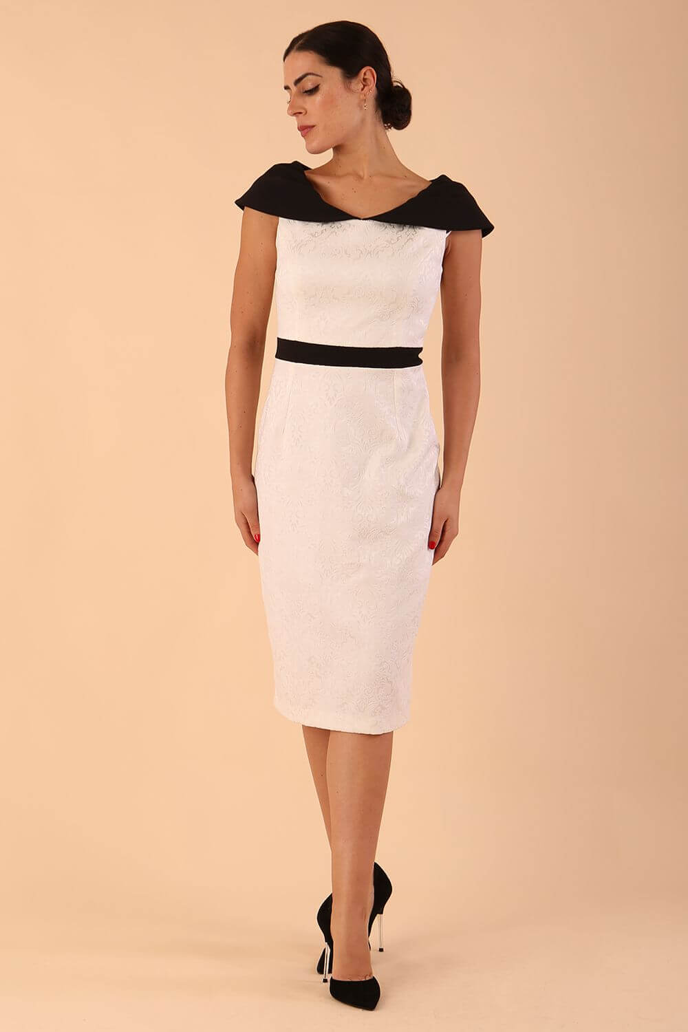 model wearing a diva catwalk Leven Off-Shoulder Satin Contrast Dress