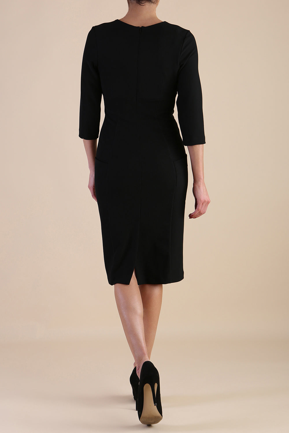 Model wearing diva catwalk Luna 3/4 Sleeved pencil skirt dress in Black