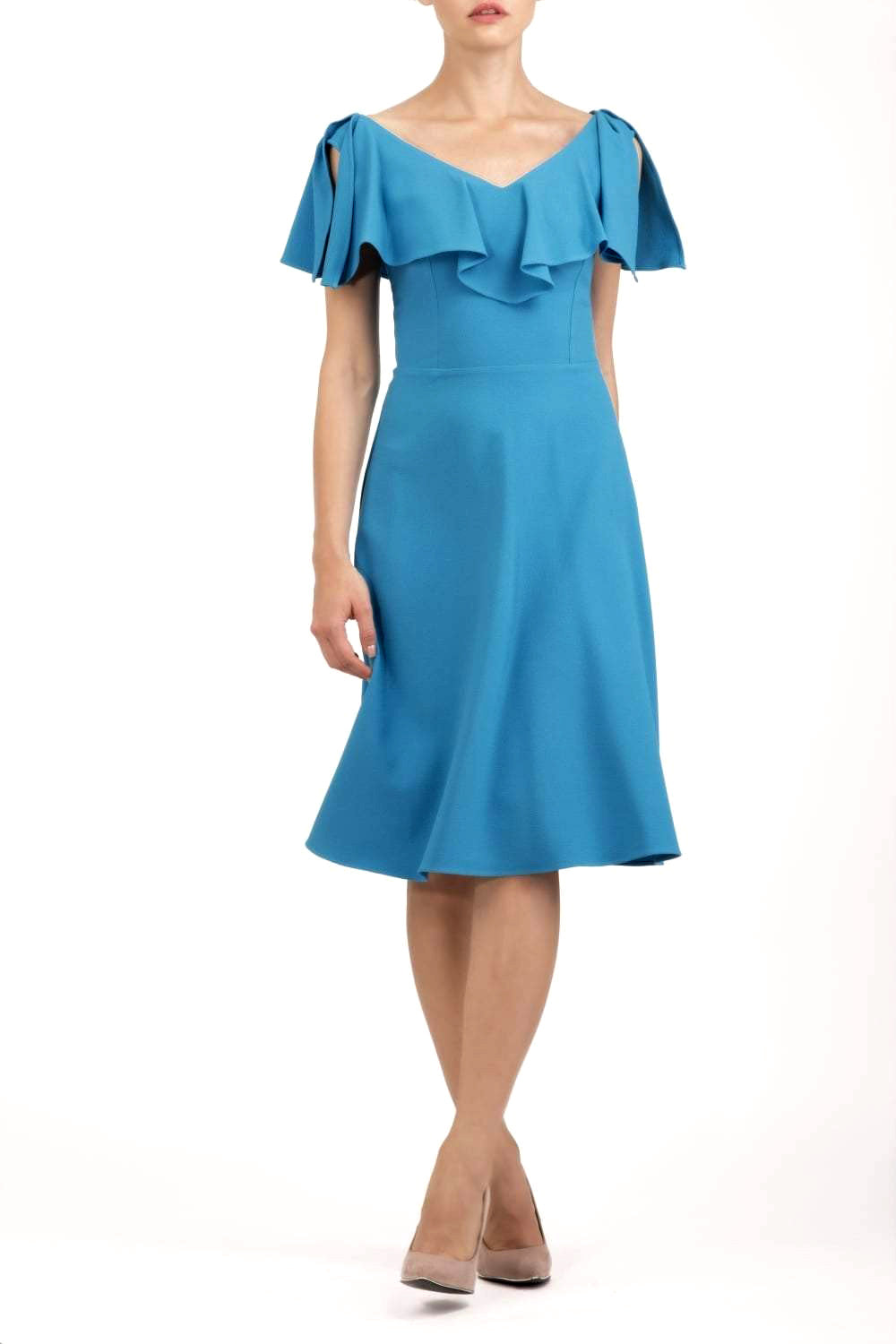 model is wearing diva catwalk layla plain a-line swing dress in topaz front