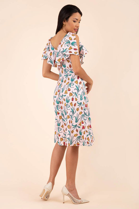 model is wearing diva catwalk layla a-line swing printed dress without sleeves in linear tulip print front