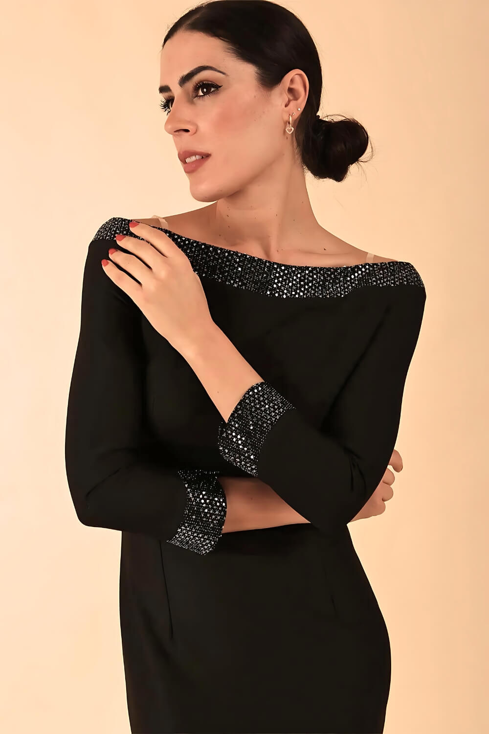 Model wearing a diva catwalk ToTo Bardot Neckline Off Shoulder Pencil Dress in Black colour Back Full Body Image