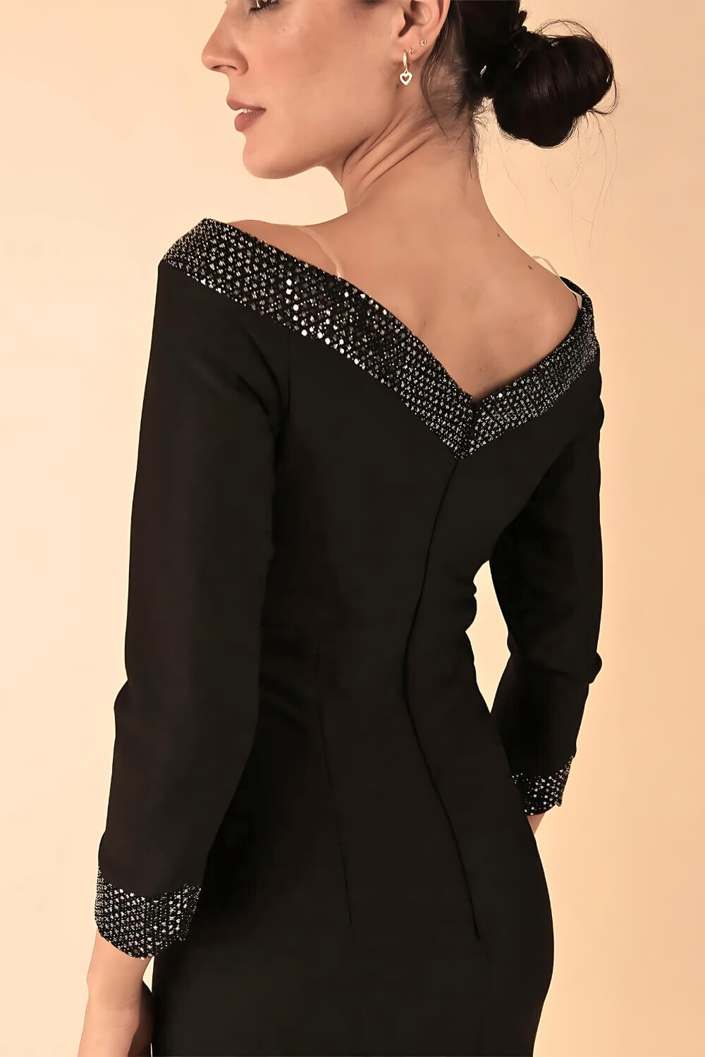 Model wearing a diva catwalk ToTo Bardot Neckline Off Shoulder Pencil Dress in Black colour Back Full Body Image