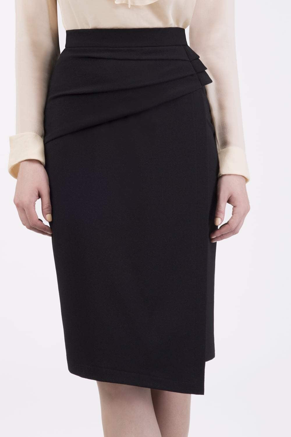 model is wearing diva catwalk antibe pencil asymmetric skirt with pleating at the front in black front