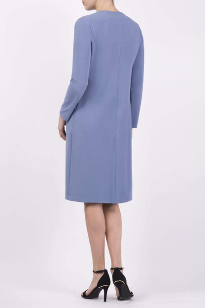 Model wearing the Diva Bliss Coat with round neckline in Stone Blue front image