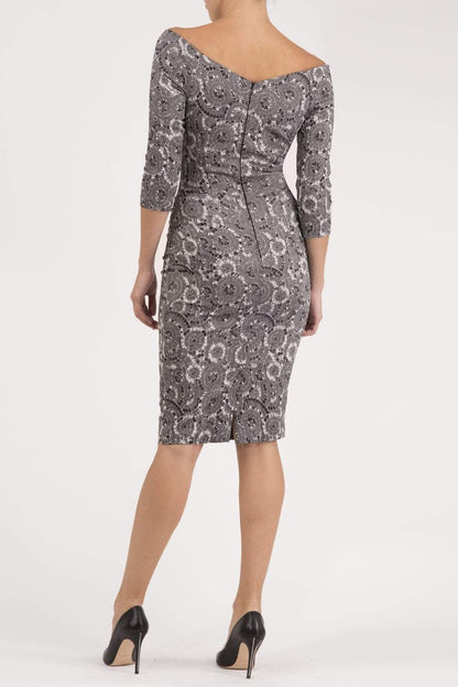 Model wearing the Diva Catherine Jacquard dress with overlapping bodice in circle grey front image