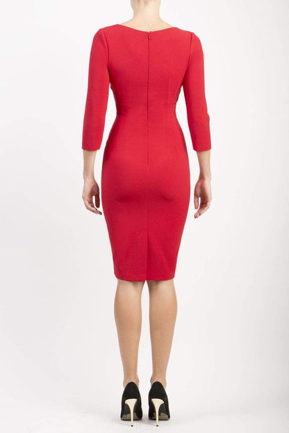 Model wearing the Diva Chelsea Pencil dress with V neckline and three-quarter sleeves in passion red front image