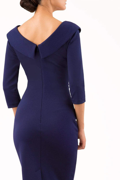 model is wearing diva catwalk eliza sleeved pencil dress with collared v-neck in navy blue front