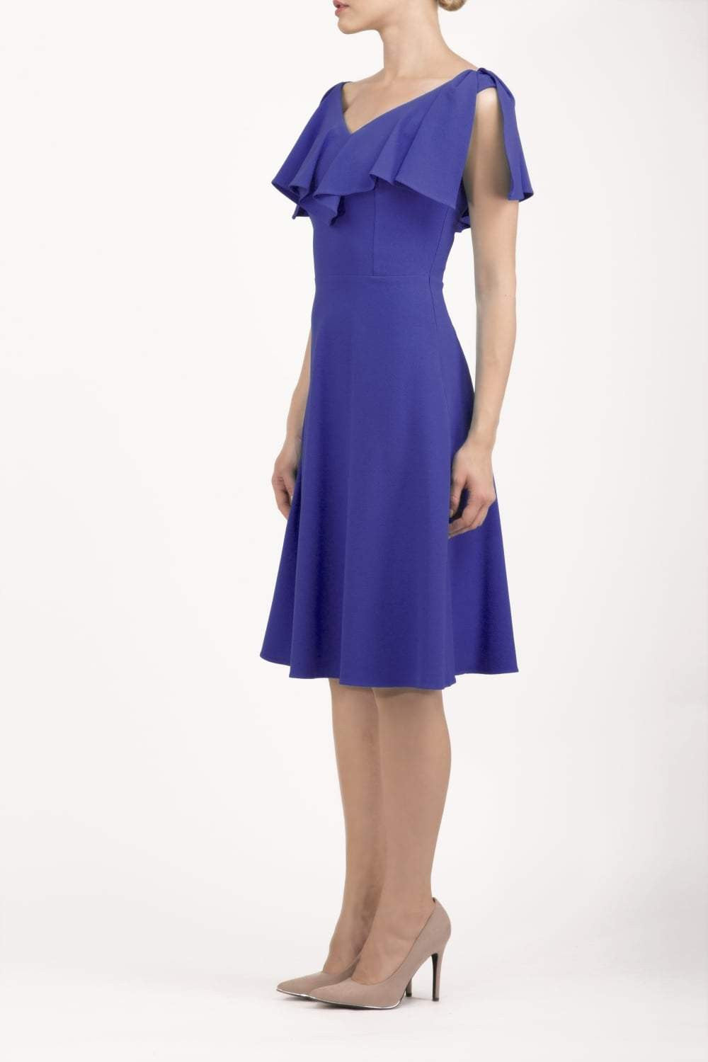 model wearing diva catwalk layla swing dress with bardot frill neckline in spectrum indigo front