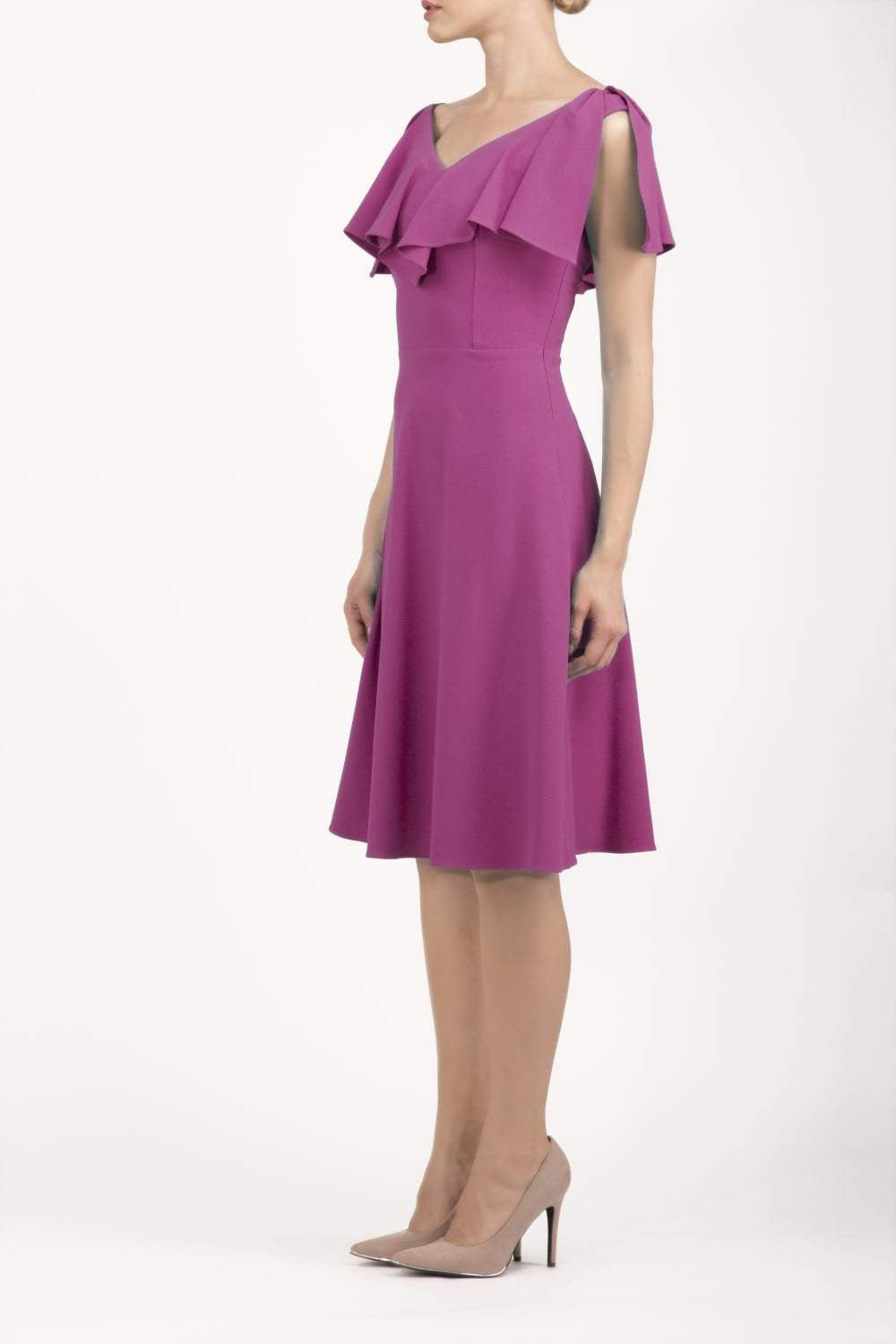 model wearing diva catwalk layla swing dress with bardot frill neckline in fuchsia pink front