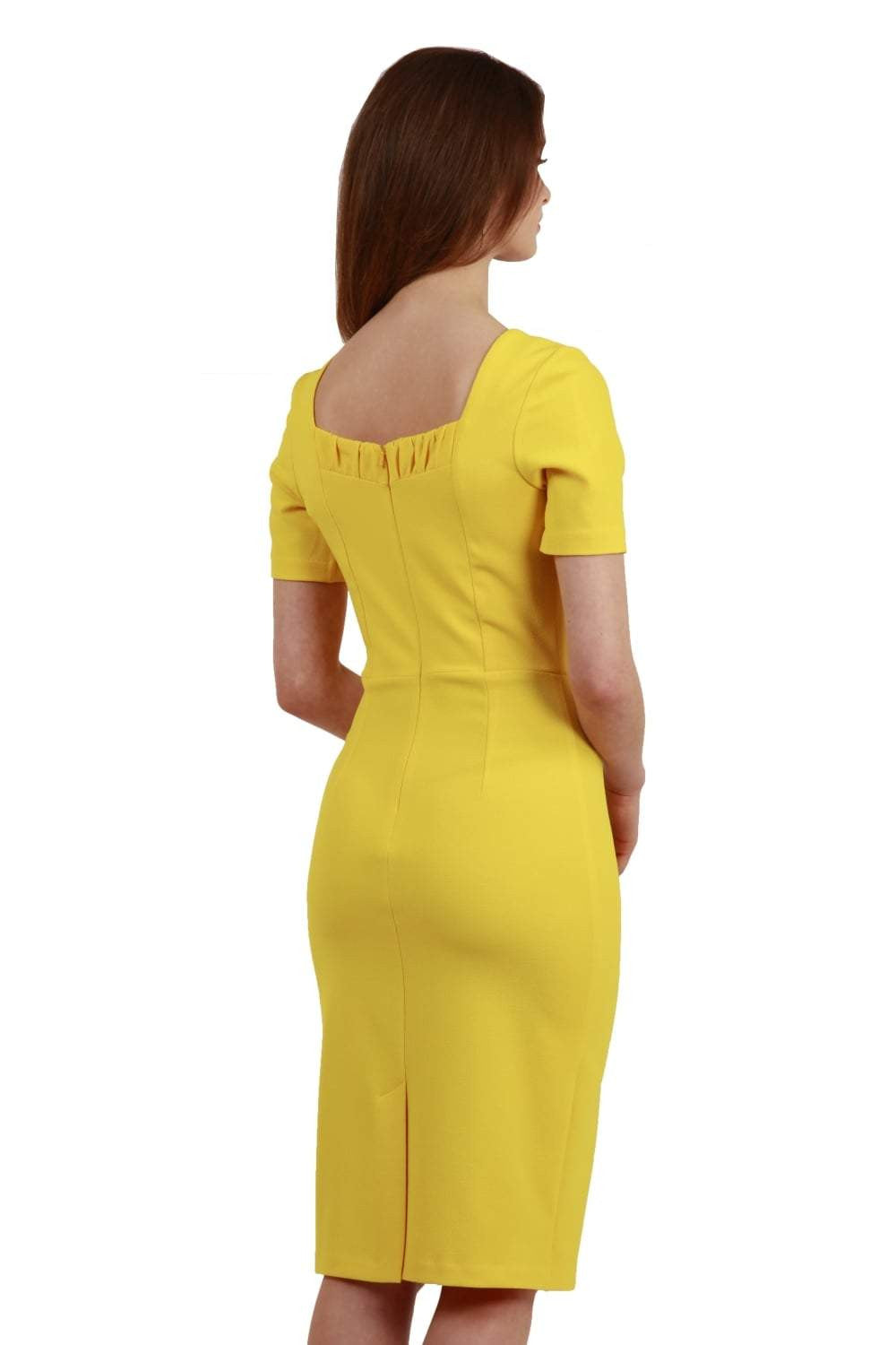 model wearing diva catwalk mitzi short sleeve pencil dress with square frilled neckline in freesia yellow front 