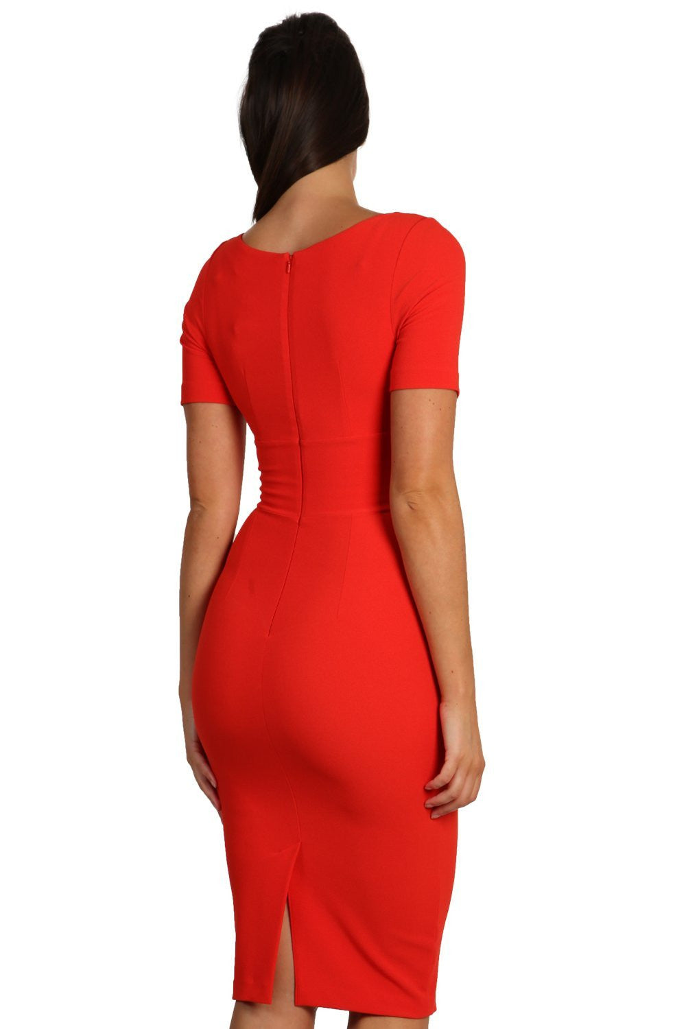 Model wearing the Diva Opal dress in pencil dress design in fiesta orange front image