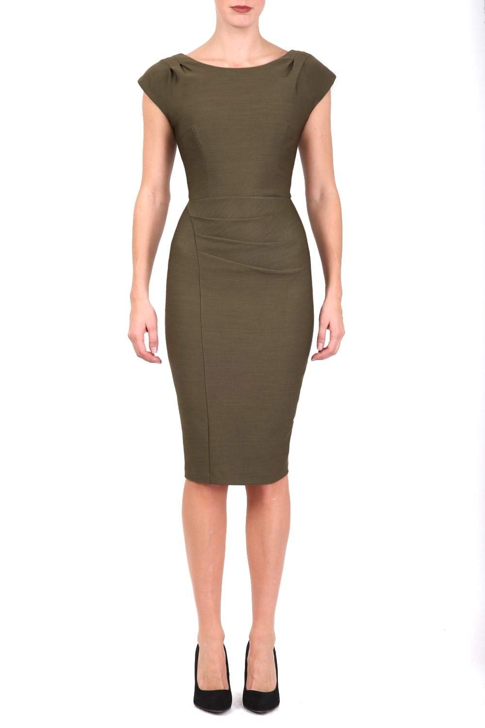 Model wearing the Seed in pencil dress design in olive green front image