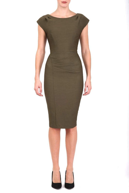 Model wearing the Seed in pencil dress design in olive green front image