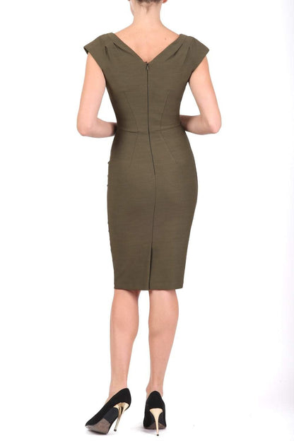 Model wearing the Seed in pencil dress design in olive green front image