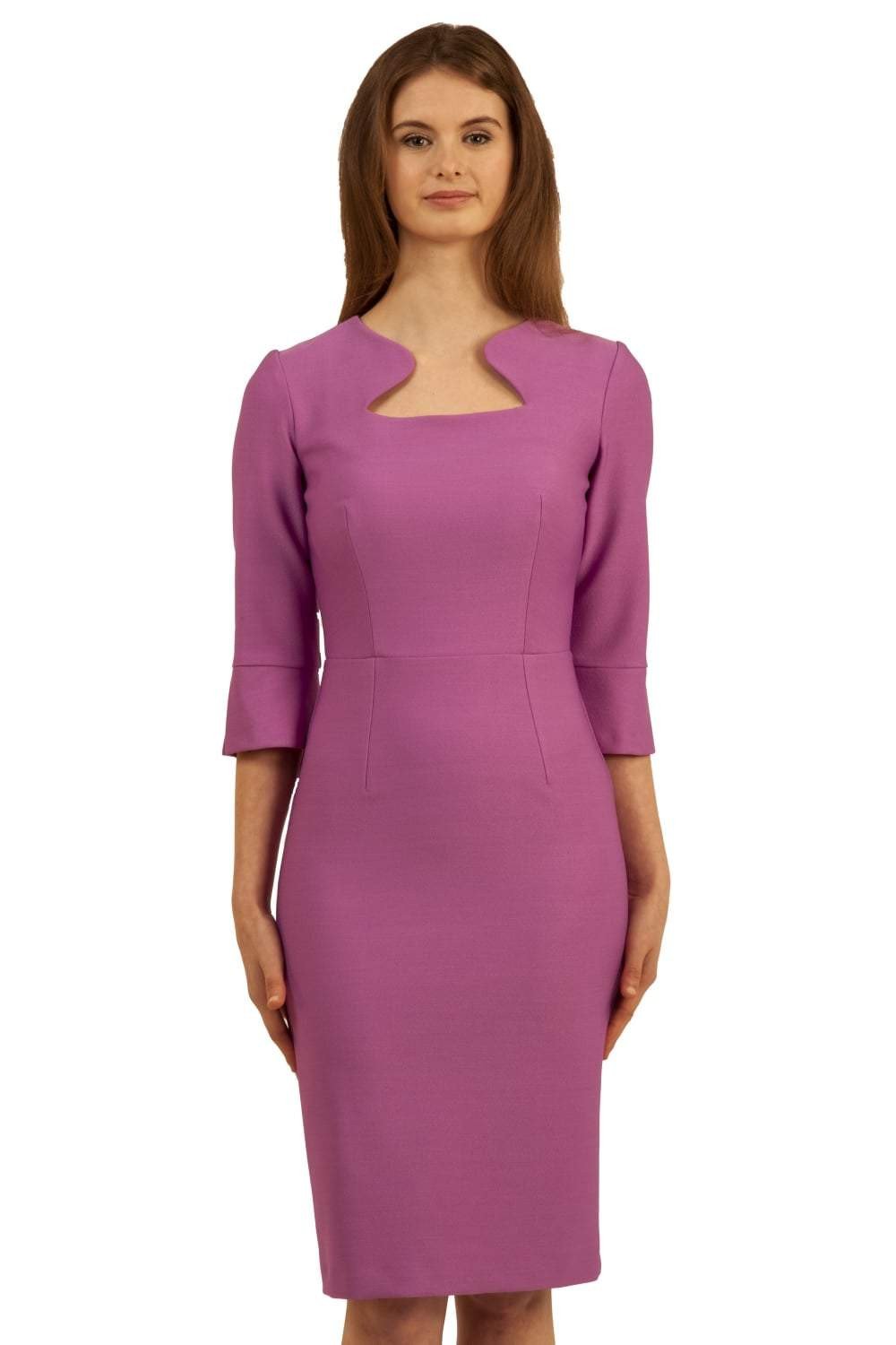 Brunette model is wearing couture stretch seed pencil bell 3/4 sleeve pencil dress by diva catwalk in Magenta Mist front image